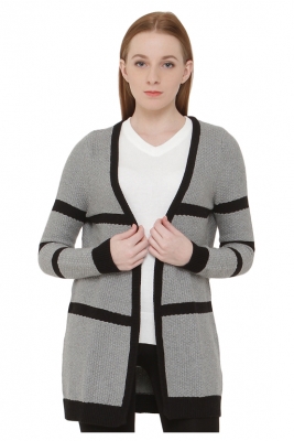 Ladies Long Cotton Cardigan in Contrast Stripes