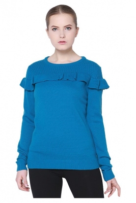 Wool Round Neck Ruffle Pullover