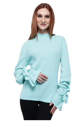 Ladies Round Neckline Sweater with Sleeve ribbon