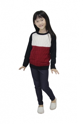 Kids Round Neckline Colour Blocked Cable Sweater
